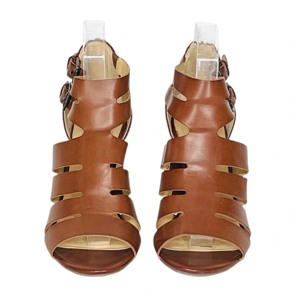 Liz Claiborne Strappy Heeled Sandals Cognac Buckled Ankle Strap Back Zipper Sz 8